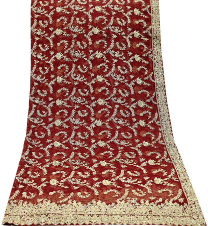 Indian Vintage Heavy Red Dupatta Net Mesh Long Stole Hand Embroidered Scarves Golden Zardozi Zari Sequins Stole