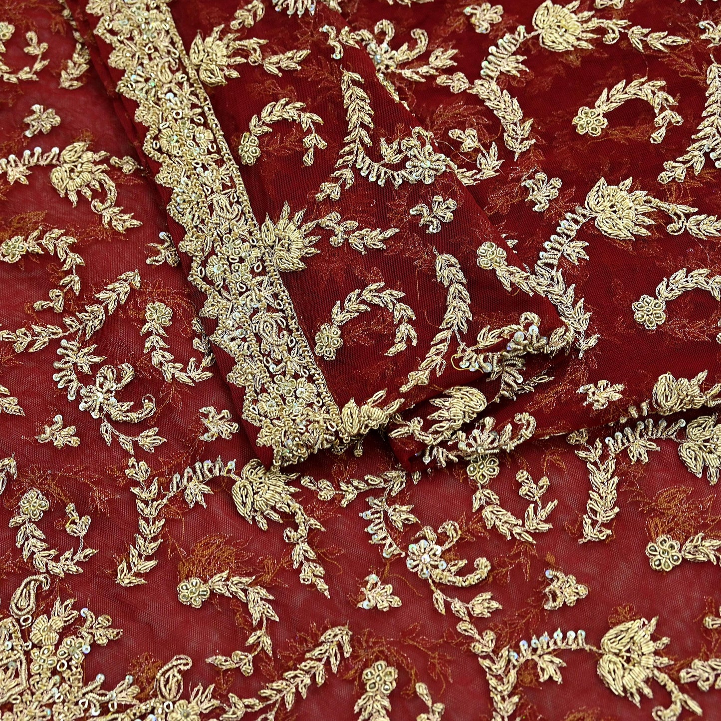 Indian Vintage Heavy Red Dupatta Net Mesh Long Stole Hand Embroidered Scarves Golden Zardozi Zari Sequins Stole