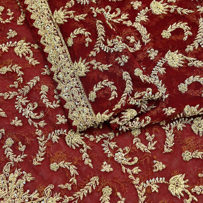 Indian Vintage Heavy Red Dupatta Net Mesh Long Stole Hand Embroidered Scarves Golden Zardozi Zari Sequins Stole