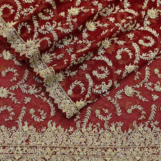 Indian Vintage Heavy Red Dupatta Net Mesh Long Stole Hand Embroidered Scarves Golden Zardozi Zari Sequins Stole