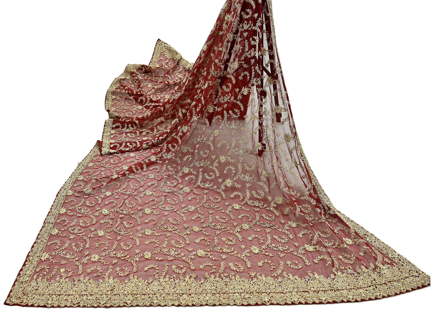 Indian Vintage Heavy Red Dupatta Net Mesh Long Stole Hand Embroidered Scarves Golden Zardozi Zari Sequins Stole