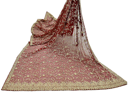 Indian Vintage Heavy Red Dupatta Net Mesh Long Stole Hand Embroidered Scarves Golden Zardozi Zari Sequins Stole
