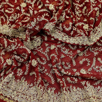Indian Vintage Heavy Red Dupatta Net Mesh Long Stole Hand Embroidered Scarves Golden Zardozi Zari Sequins Stole
