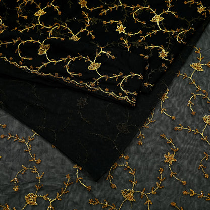 Indian Vintage Heavy Sari Black Net/Mesh Embroidered Sarees Fabric 5Yd Sewing Soft Floral Craft Fabric Dress making Crafting Bollywood sari