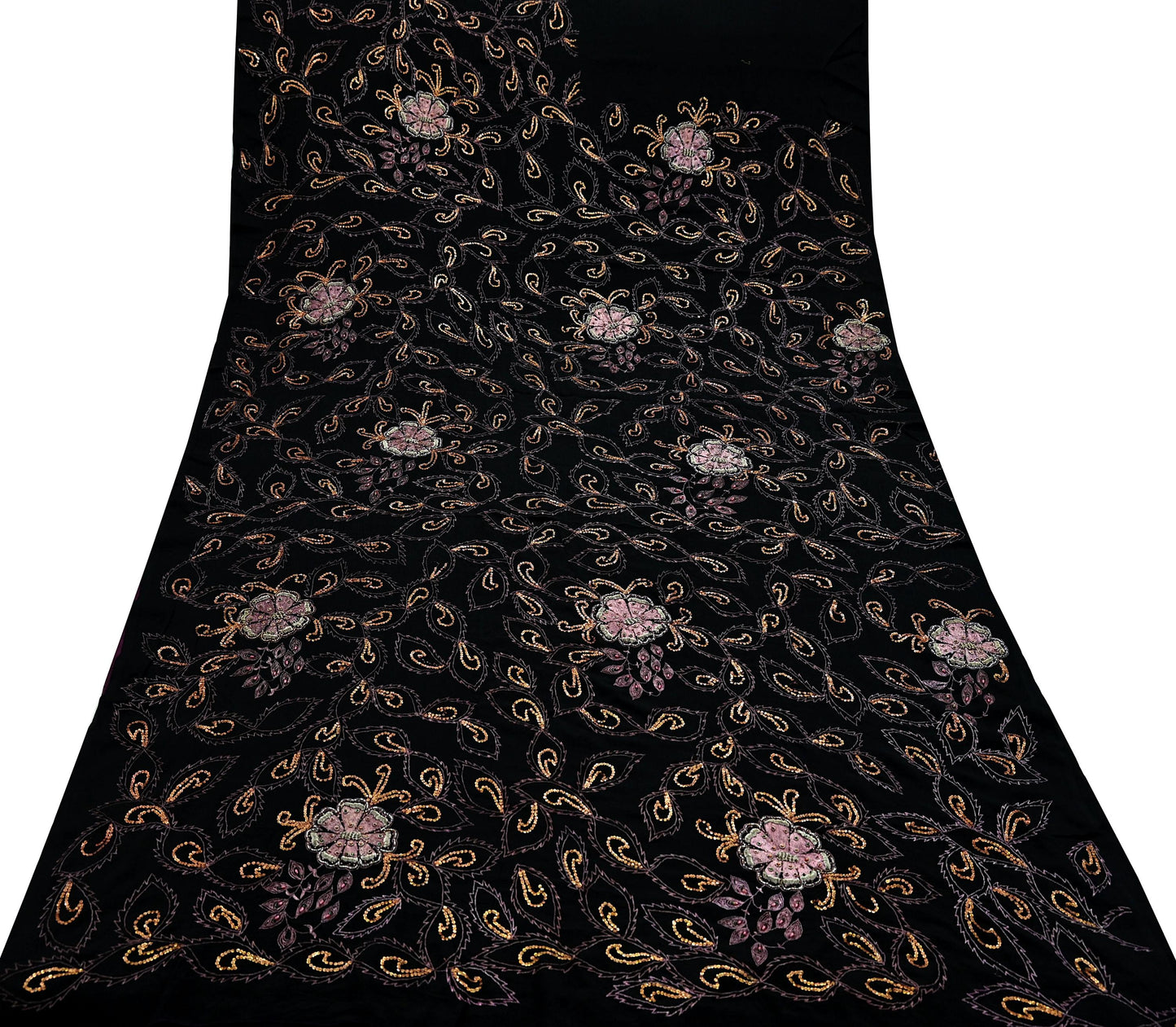 Indian Antique Vintage Heavy Sari Black Pure Silk Hand Embroidered Sarees Craft Fabric 5Yd Sewing Soft Zardozi/Dabka Sequins