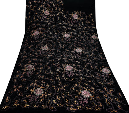Indian Antique Vintage Heavy Sari Black Pure Silk Hand Embroidered Sarees Craft Fabric 5Yd Sewing Soft Zardozi/Dabka Sequins