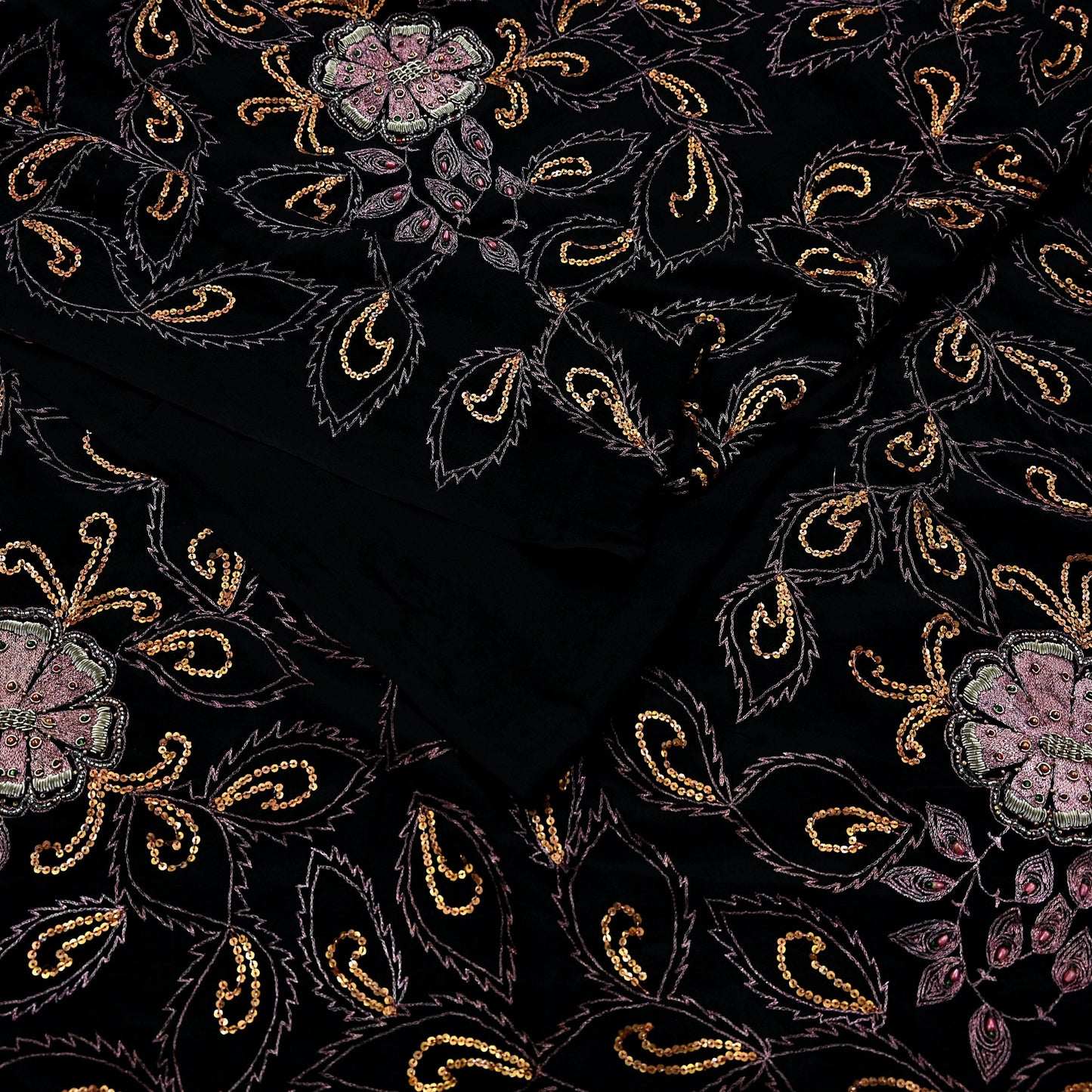 Indian Antique Vintage Heavy Sari Black Pure Silk Hand Embroidered Sarees Craft Fabric 5Yd Sewing Soft Zardozi/Dabka Sequins
