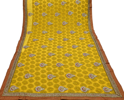 Indian Vintage Heavy Yellow Saree Georgette & Net Hand Beaded Sari Fabric 6Yd Sewing Soft Ethnic Wedding Sarees With Blouse