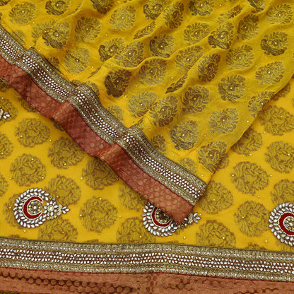 Indian Vintage Heavy Yellow Saree Georgette & Net Hand Beaded Sari Fabric 6Yd Sewing Soft Ethnic Wedding Sarees With Blouse
