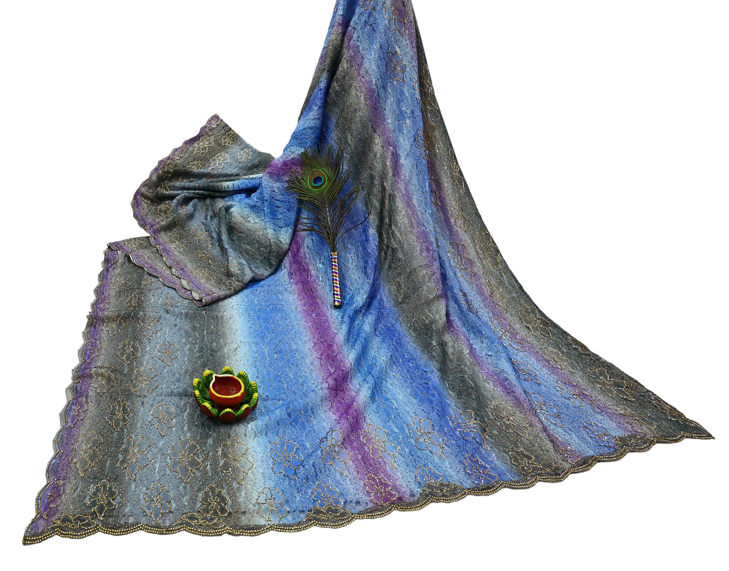 Indian Vintage Sari Multi Net/Mesh Hand Embroidered Sarees Ethnic Craft Fabric 5Yd Sewing Soft Wedding Sarees Dress making Crafting