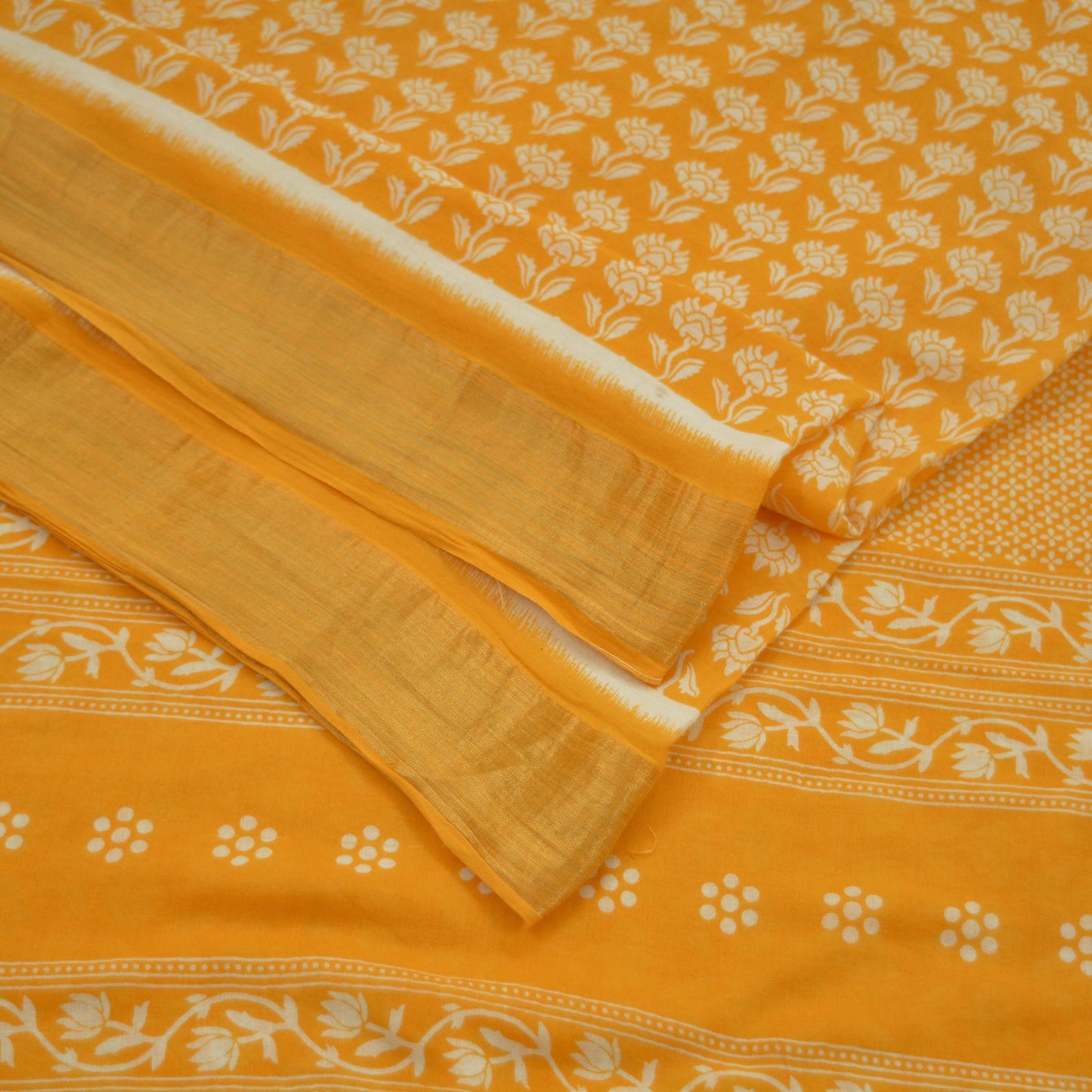 Indian Vintage Sari Yellow Printed 100% Pure Cotton Saree Craft Fabric 5Yd Soft Sewing Sarong Wrap Boho Dress Making Crafting Quilting