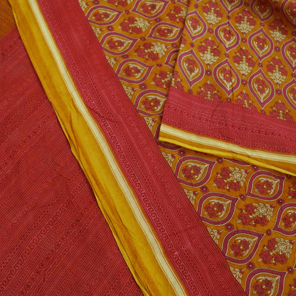 Indian Vintage Sari Mustard & Pink Printed Pure Cotton Sarees Craft Fabric 5Yd Soft Sewing Sarong Wrap Boho Floral Quilting Dress making