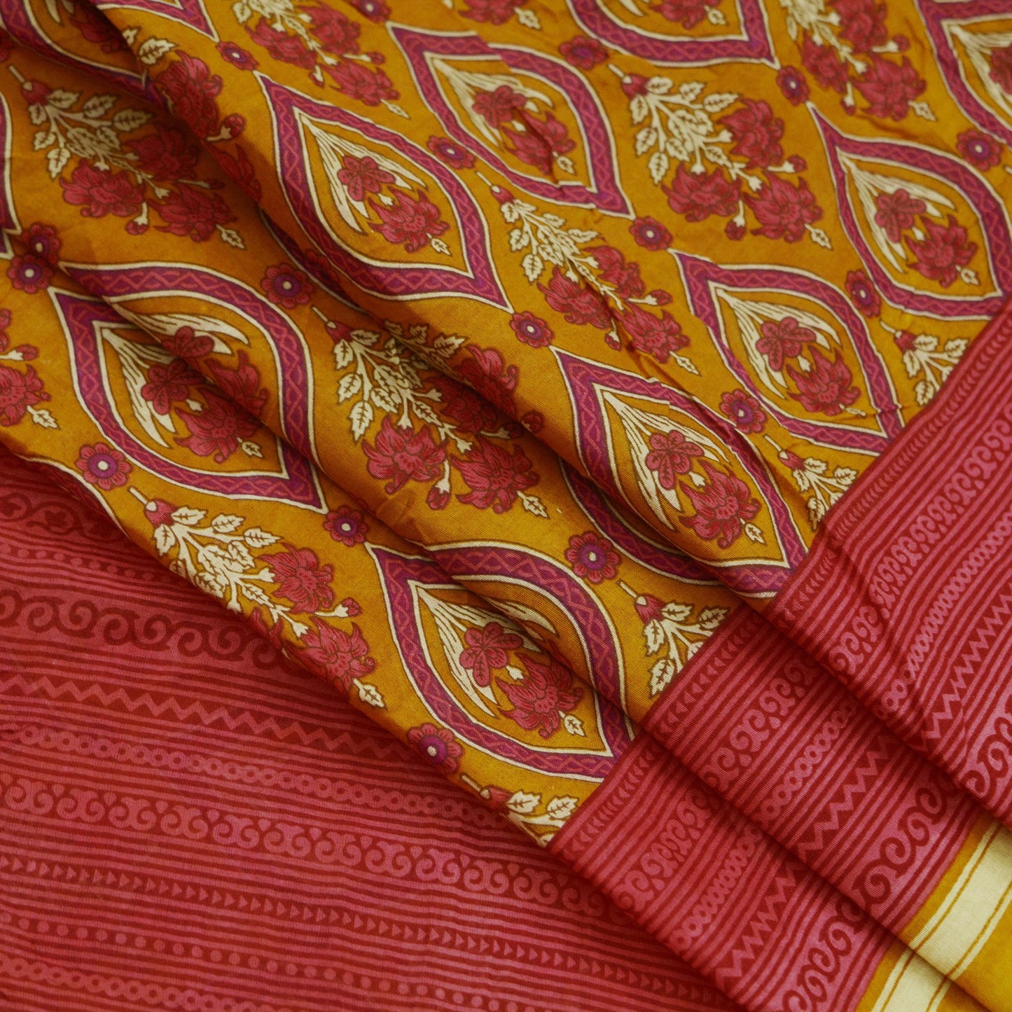 Indian Vintage Sari Mustard & Pink Printed Pure Cotton Sarees Craft Fabric 5Yd Soft Sewing Sarong Wrap Boho Floral Quilting Dress making