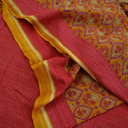 Indian Vintage Sari Mustard & Pink Printed Pure Cotton Sarees Craft Fabric 5Yd Soft Sewing Sarong Wrap Boho Floral Quilting Dress making