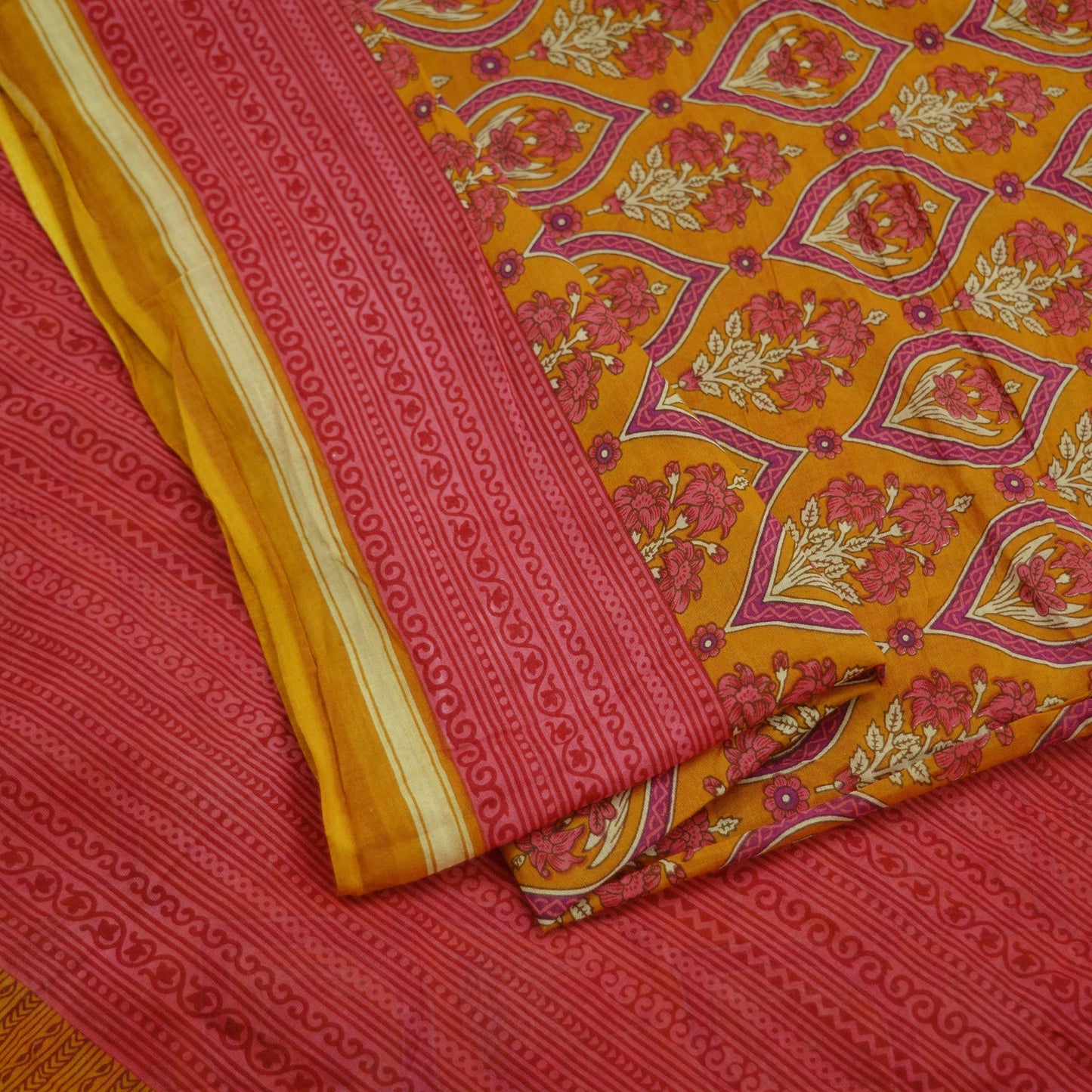 Indian Vintage Sari Mustard & Pink Printed Pure Cotton Sarees Craft Fabric 5Yd Soft Sewing Sarong Wrap Boho Floral Quilting Dress making