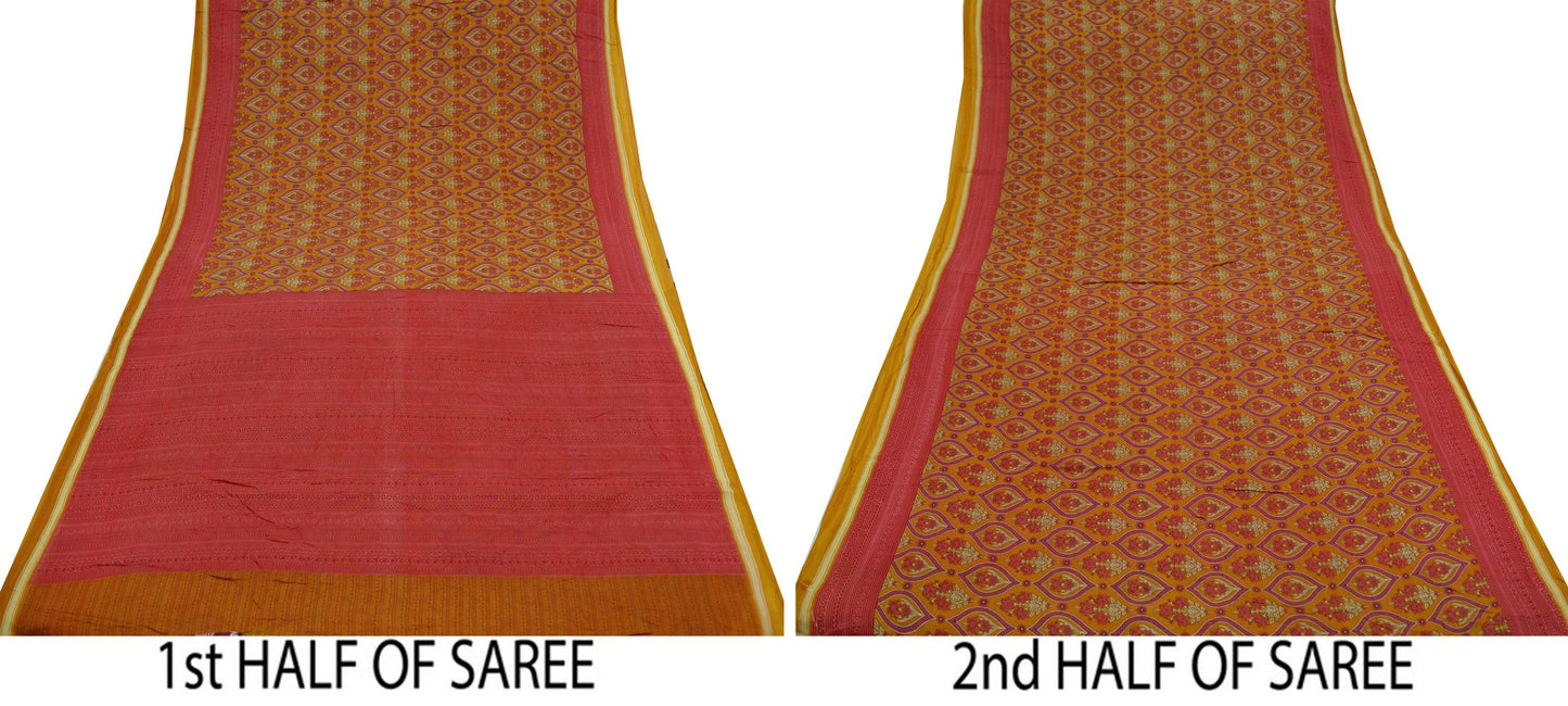 Indian Vintage Sari Mustard & Pink Printed Pure Cotton Sarees Craft Fabric 5Yd Soft Sewing Sarong Wrap Boho Floral Quilting Dress making