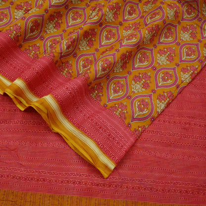 Indian Vintage Sari Mustard & Pink Printed Pure Cotton Sarees Craft Fabric 5Yd Soft Sewing Sarong Wrap Boho Floral Quilting Dress making