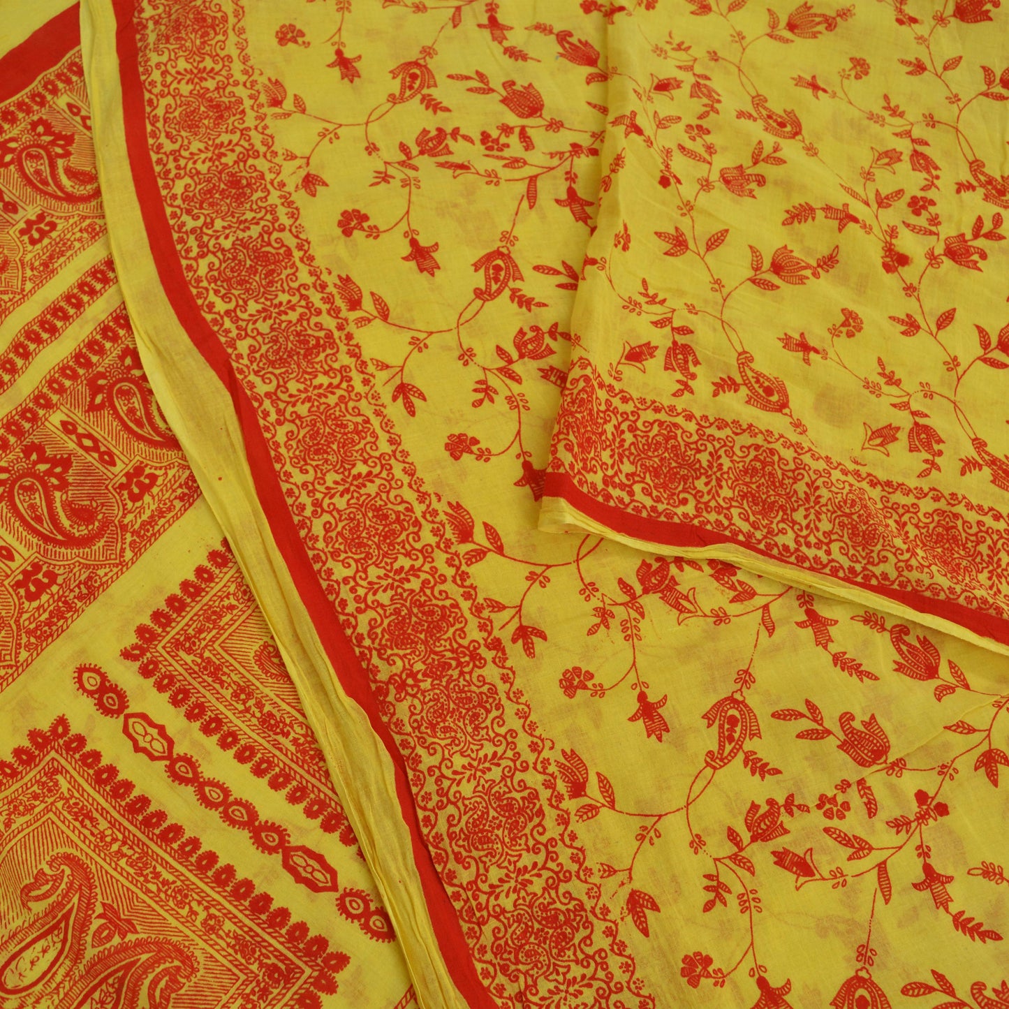 Indian Vintage Sari Orange & Yellow Printed 100% Pure Cotton Saree Craft Fabric 5Yd Soft Sewing Sarong Wrap Boho