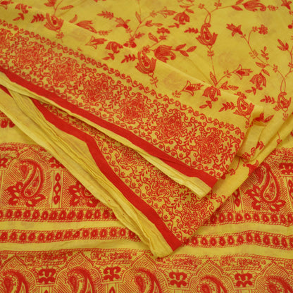 Indian Vintage Sari Orange & Yellow Printed 100% Pure Cotton Saree Craft Fabric 5Yd Soft Sewing Sarong Wrap Boho