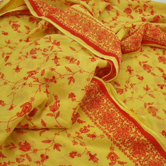 Indian Vintage Sari Orange & Yellow Printed 100% Pure Cotton Saree Craft Fabric 5Yd Soft Sewing Sarong Wrap Boho