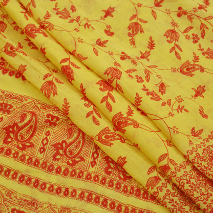 Indian Vintage Sari Orange & Yellow Printed 100% Pure Cotton Saree Craft Fabric 5Yd Soft Sewing Sarong Wrap Boho