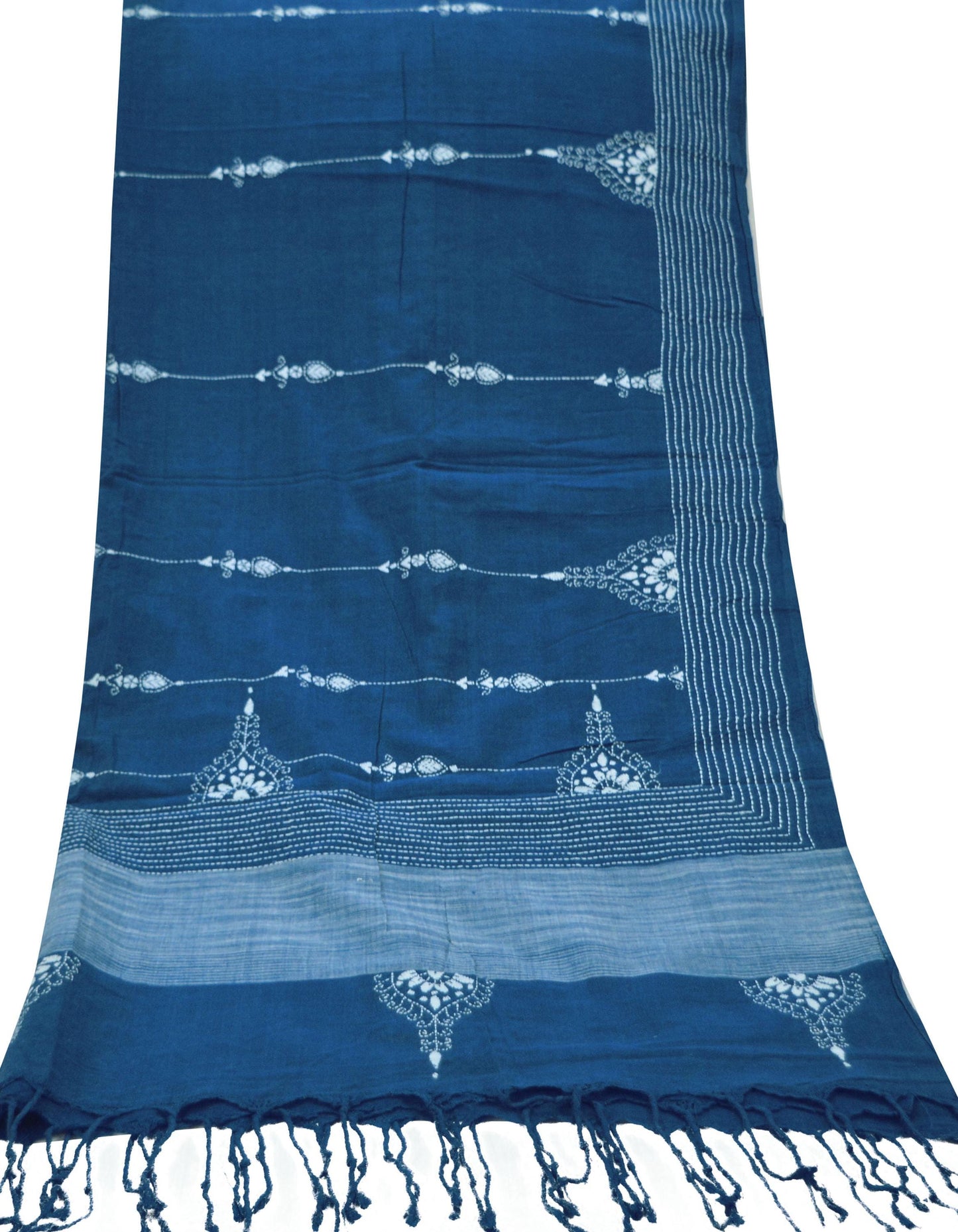 Indian Vintage Blue Dupatta Long Stole Pure Cotton Hand Embroidered Kantha Scarves Veil Scarf Wrap