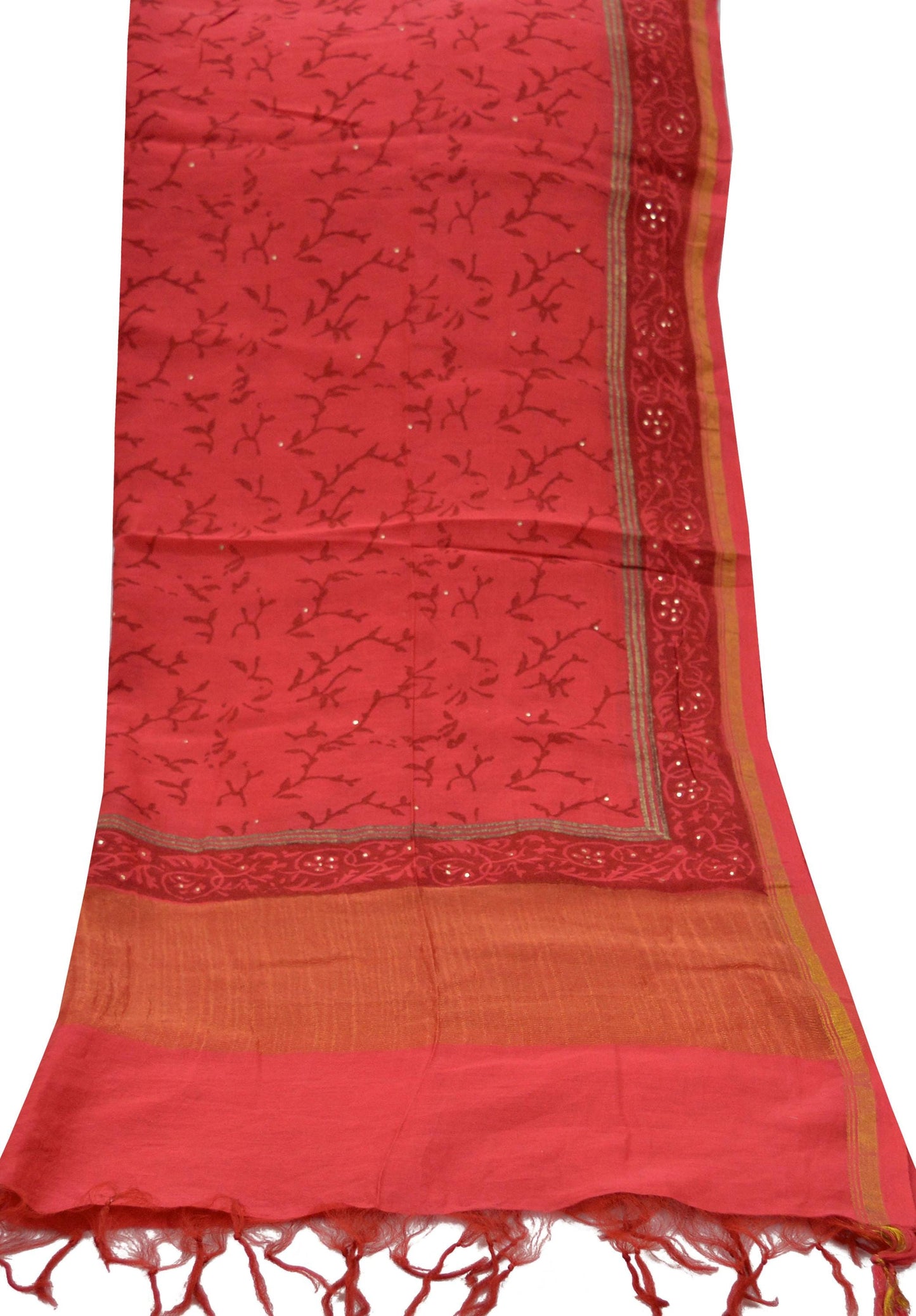 Indian Vintage Dupatta Red Dupatta Long Stole Block Print Pure Chanderi Silk Scarves Veil Golden Zari