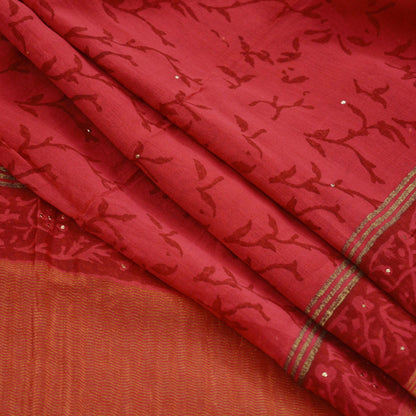 Indian Vintage Dupatta Red Dupatta Long Stole Block Print Pure Chanderi Silk Scarves Veil Golden Zari