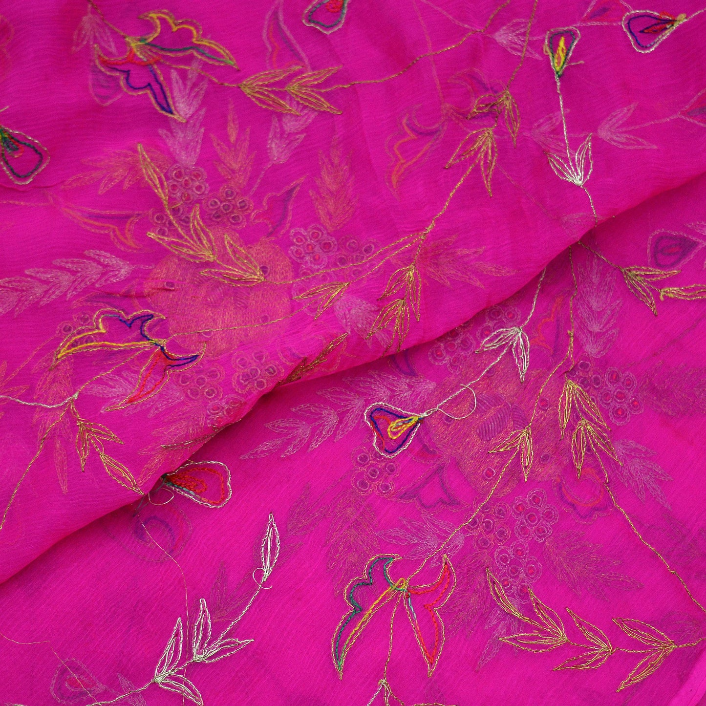 Indian Vintage Rani Pink Dupatta Pure Chiffon silk Long Stole Hand Embroidered Scarves Floral Design Stole Veil Wrap Zari Zardozi