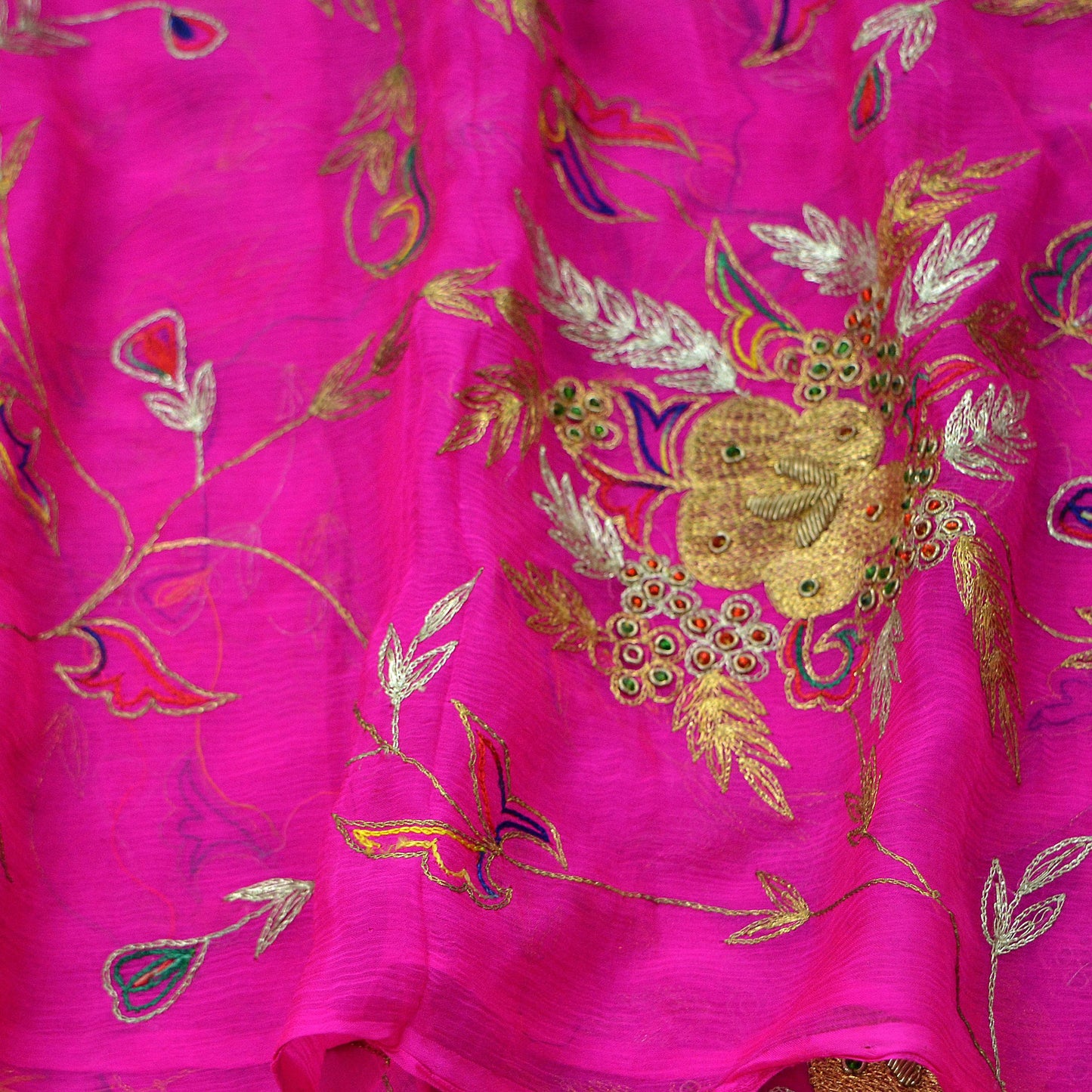 Indian Vintage Rani Pink Dupatta Pure Chiffon silk Long Stole Hand Embroidered Scarves Floral Design Stole Veil Wrap Zari Zardozi