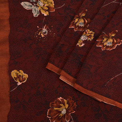 Indian Vintage Maroon Saree Pure Crepe Silk Printed Sari Craft Fabric 5yd Sewing Floral Soft Wrap Dress Making Crafting Quilting Upcycle