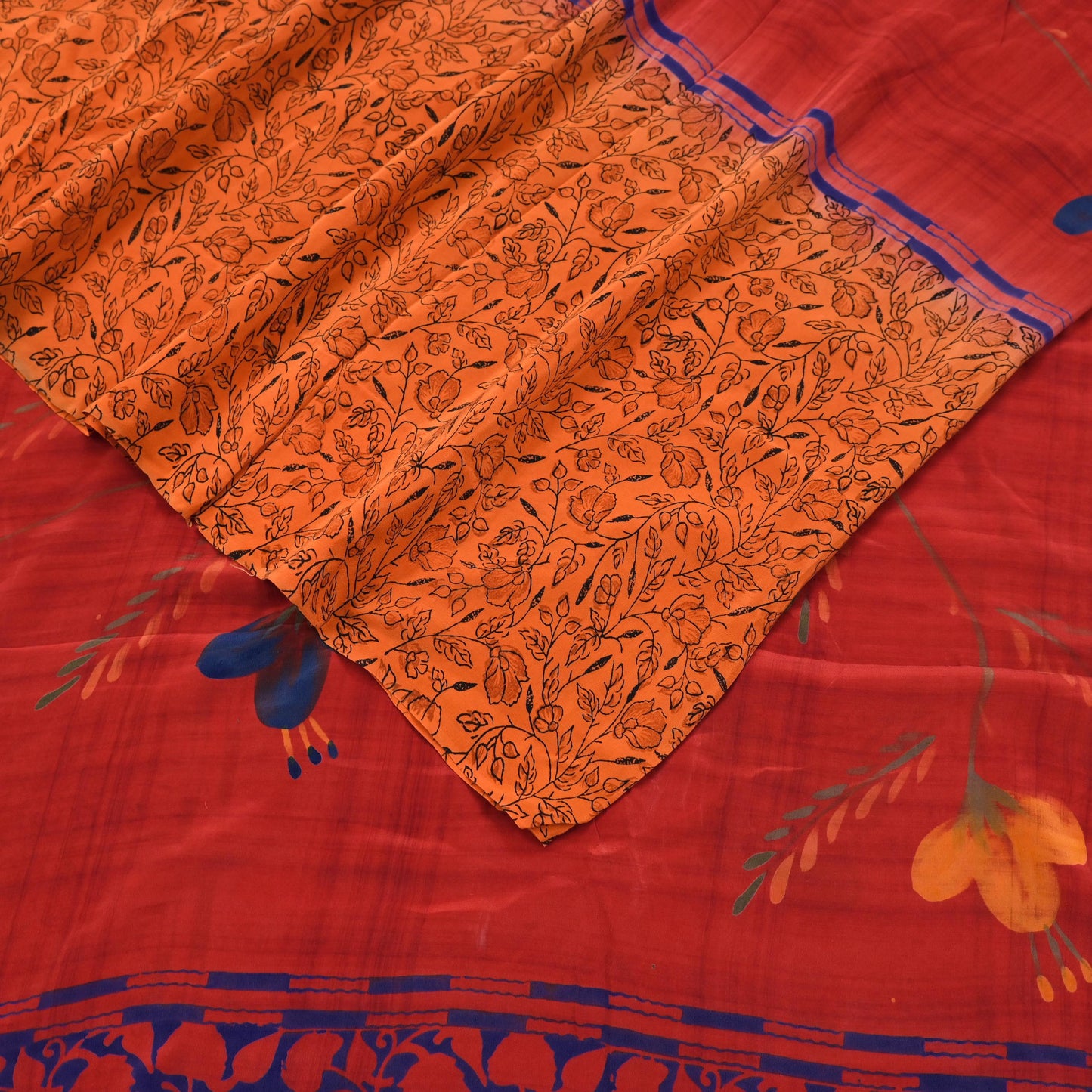 Indian Vintage Sari Orange & Red Pure Crepe Silk Printed Saree 5yd Sewing Floral Soft Craft Fabric Wrap Dress making Crafting Quilting