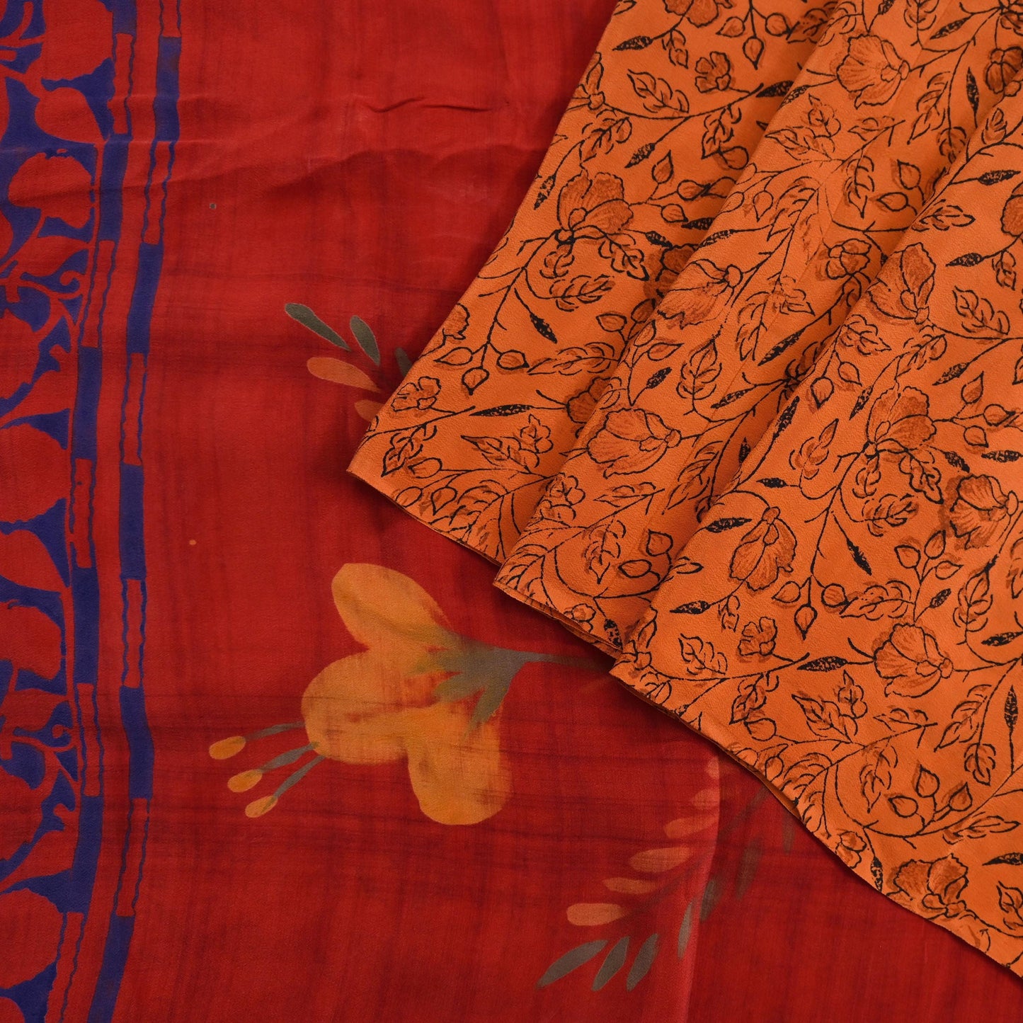 Indian Vintage Sari Orange & Red Pure Crepe Silk Printed Saree 5yd Sewing Floral Soft Craft Fabric Wrap Dress making Crafting Quilting