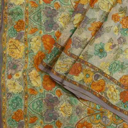 Women Vintage Sari Beige Pure Chiffon Silk Printed Sarees Craft Fabric Sewing 5Yd Soft Dress Making Floral Crafting Quilting Upcycle Used