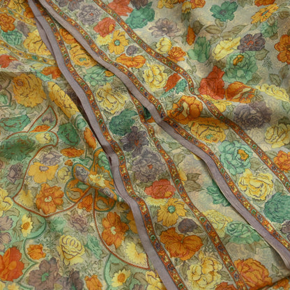 Women Vintage Sari Beige Pure Chiffon Silk Printed Sarees Craft Fabric Sewing 5Yd Soft Dress Making Floral Crafting Quilting Upcycle Used