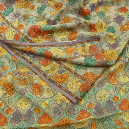 Women Vintage Sari Beige Pure Chiffon Silk Printed Sarees Craft Fabric Sewing 5Yd Soft Dress Making Floral Crafting Quilting Upcycle Used