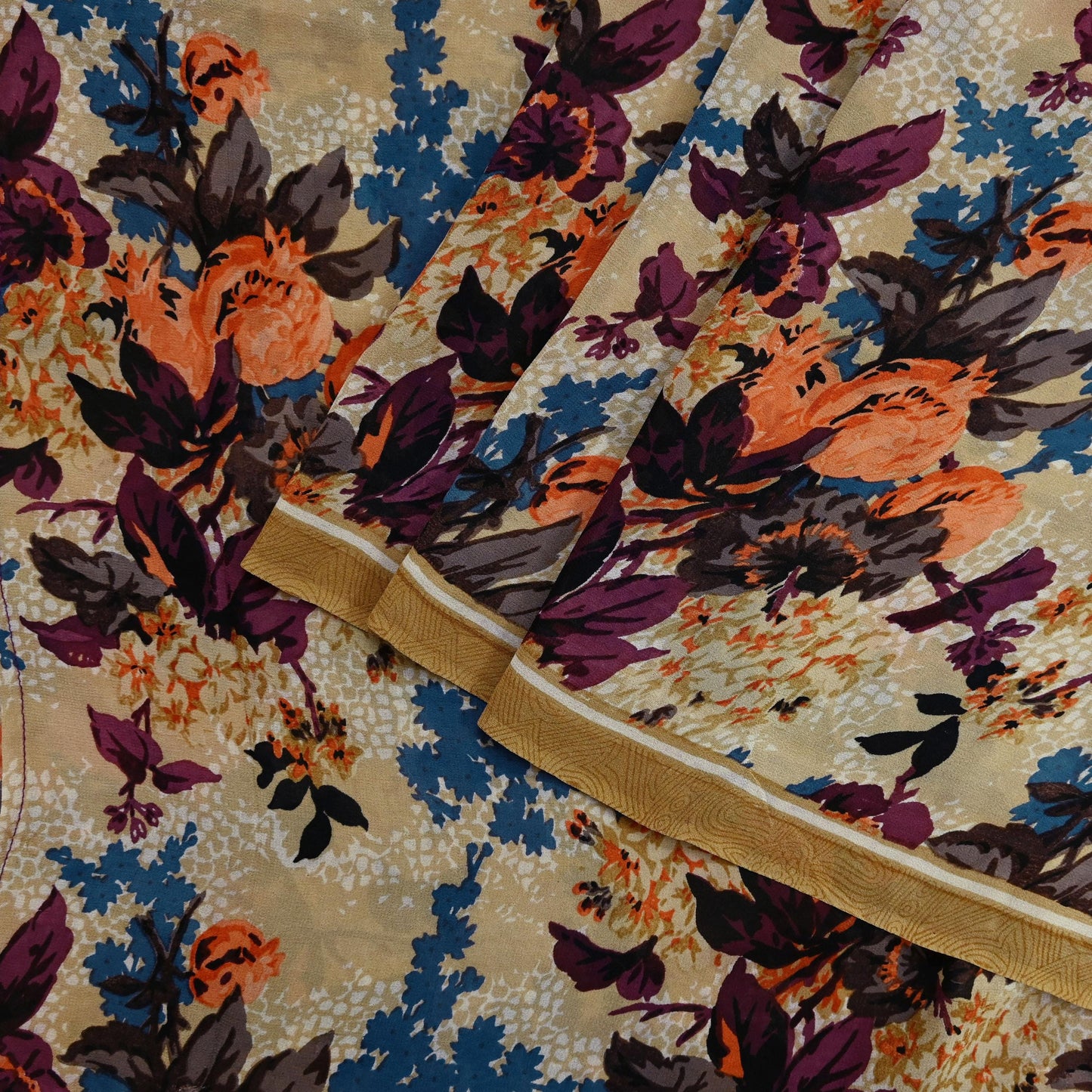 Indian Vintage Sari Beige Pure Georgette Silk Printed Sarees 5Yd Craft Fabric Sewing Quilting Dress making Crafting Quilting Upcycle