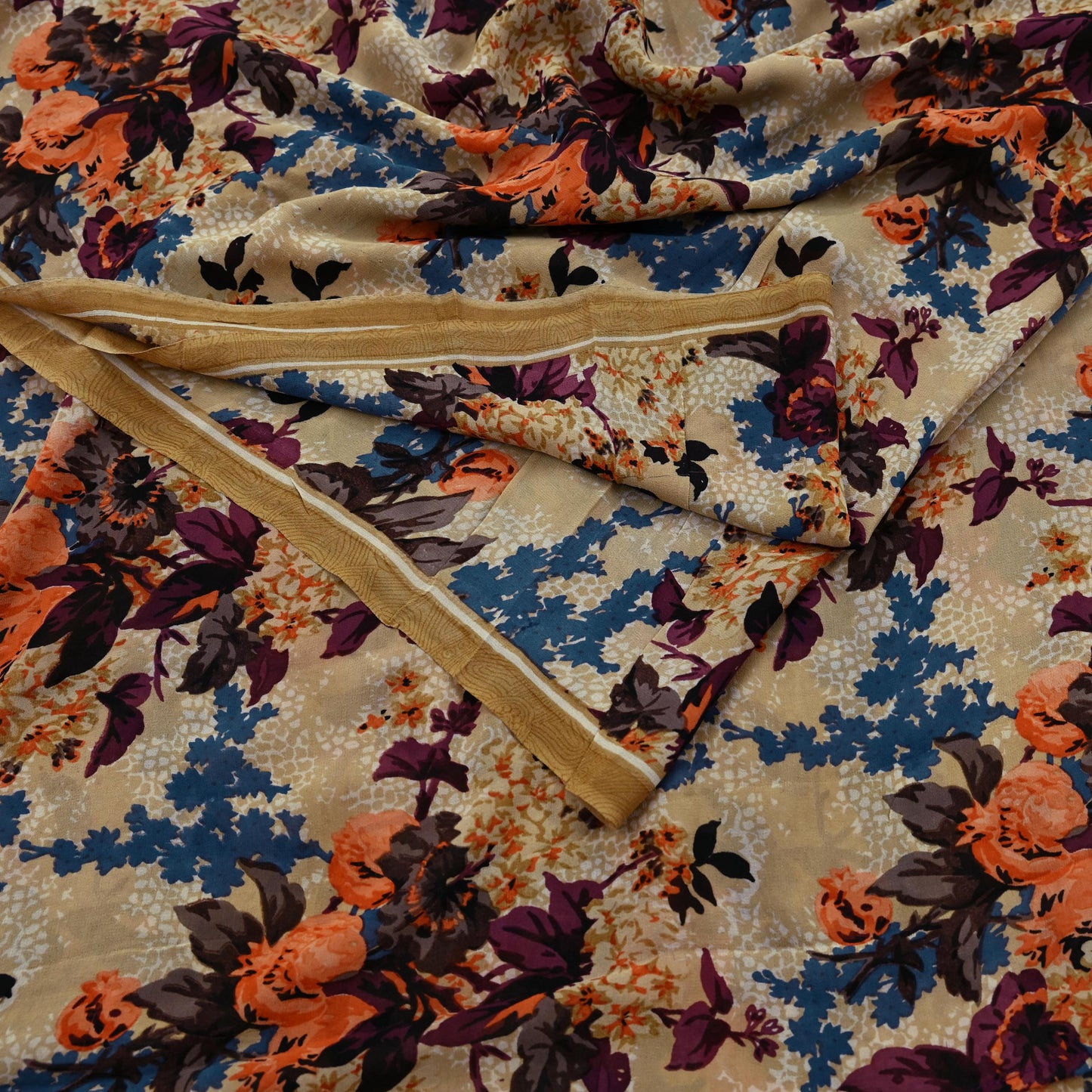 Indian Vintage Sari Beige Pure Georgette Silk Printed Sarees 5Yd Craft Fabric Sewing Quilting Dress making Crafting Quilting Upcycle