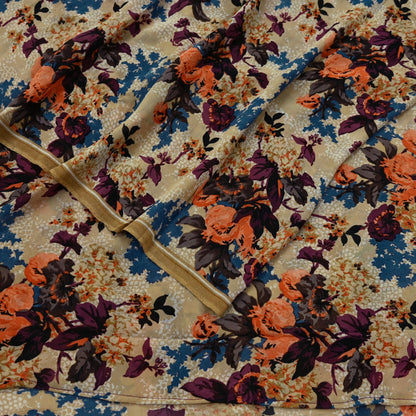 Indian Vintage Sari Beige Pure Georgette Silk Printed Sarees 5Yd Craft Fabric Sewing Quilting Dress making Crafting Quilting Upcycle