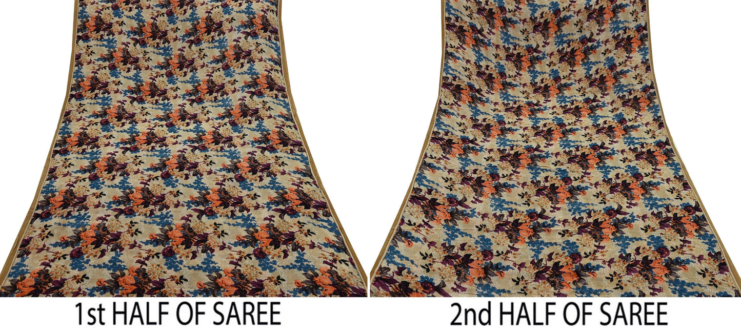 Indian Vintage Sari Beige Pure Georgette Silk Printed Sarees 5Yd Craft Fabric Sewing Quilting Dress making Crafting Quilting Upcycle