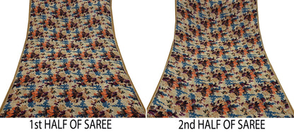 Indian Vintage Sari Beige Pure Georgette Silk Printed Sarees 5Yd Craft Fabric Sewing Quilting Dress making Crafting Quilting Upcycle