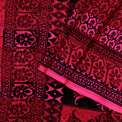 Indian Vintage Black & Pink Saree 100% Pure Silk Printed Sari 5yd Sewing Craft Fabric DressMaking Soft Fringes Crafting Quilting Upcycle