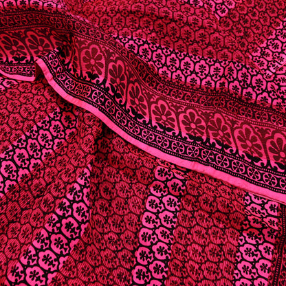 Indian Vintage Black & Pink Saree 100% Pure Silk Printed Sari 5yd Sewing Craft Fabric DressMaking Soft Fringes Crafting Quilting Upcycle