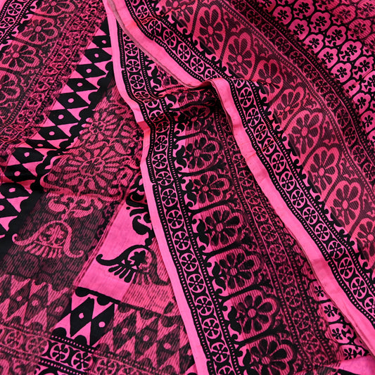 Indian Vintage Black & Pink Saree 100% Pure Silk Printed Sari 5yd Sewing Craft Fabric DressMaking Soft Fringes Crafting Quilting Upcycle