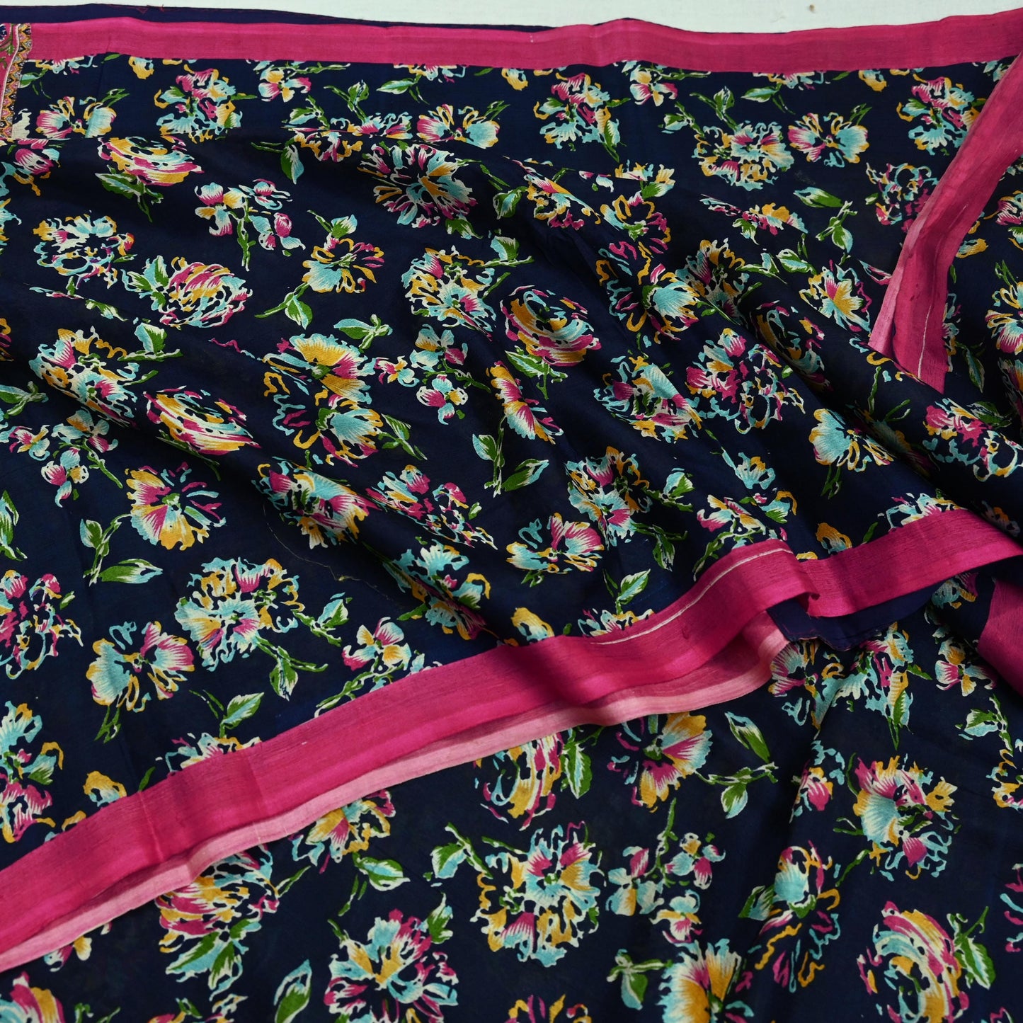 Indian Vintage Pink & Blue Saree 100% Pure Silk Printed Sari Fabric 6yd Sewing Craft DressMaking Soft Floral Quilting Crafting Upcycle