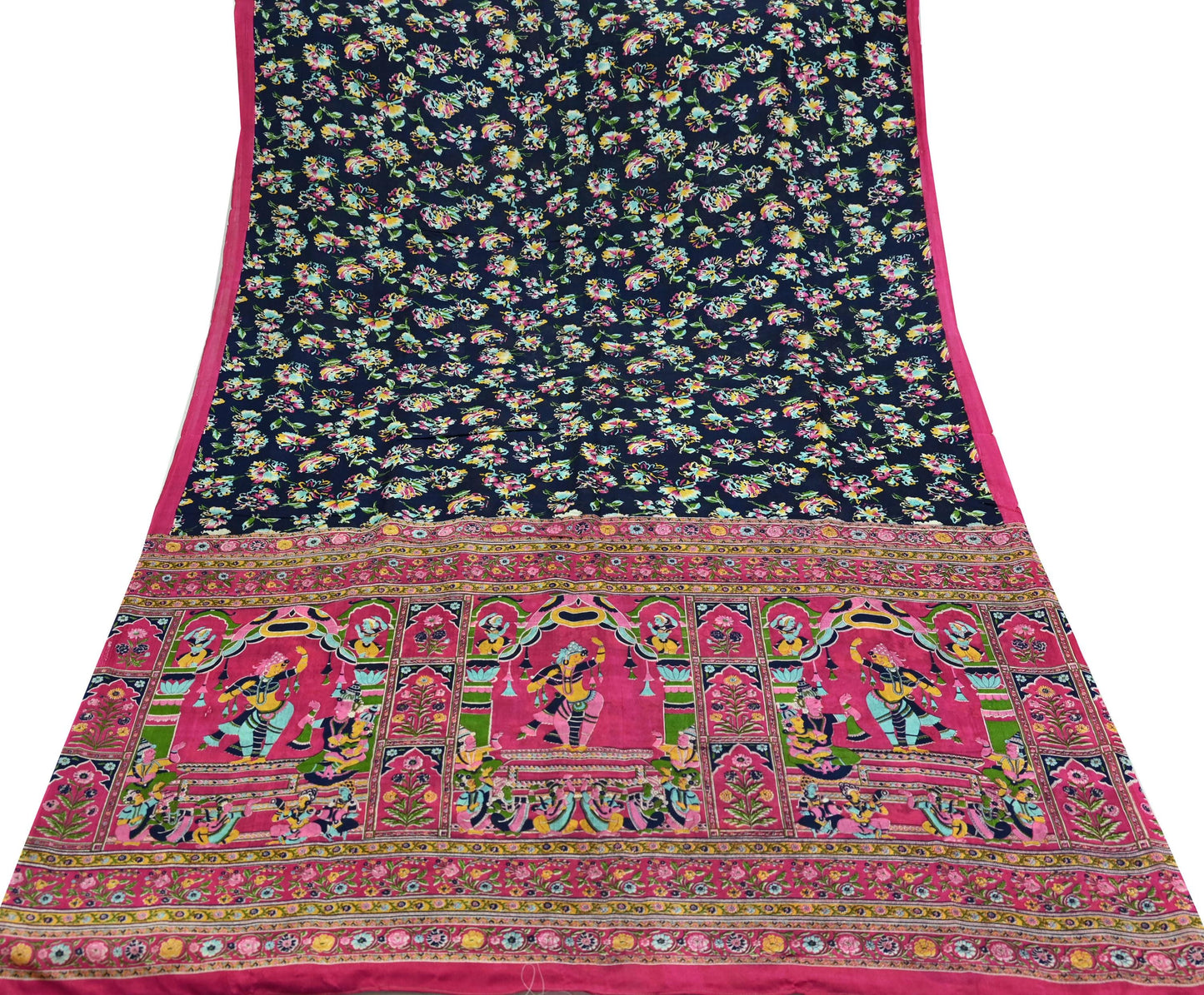 Indian Vintage Pink & Blue Saree 100% Pure Silk Printed Sari Fabric 6yd Sewing Craft DressMaking Soft Floral Quilting Crafting Upcycle