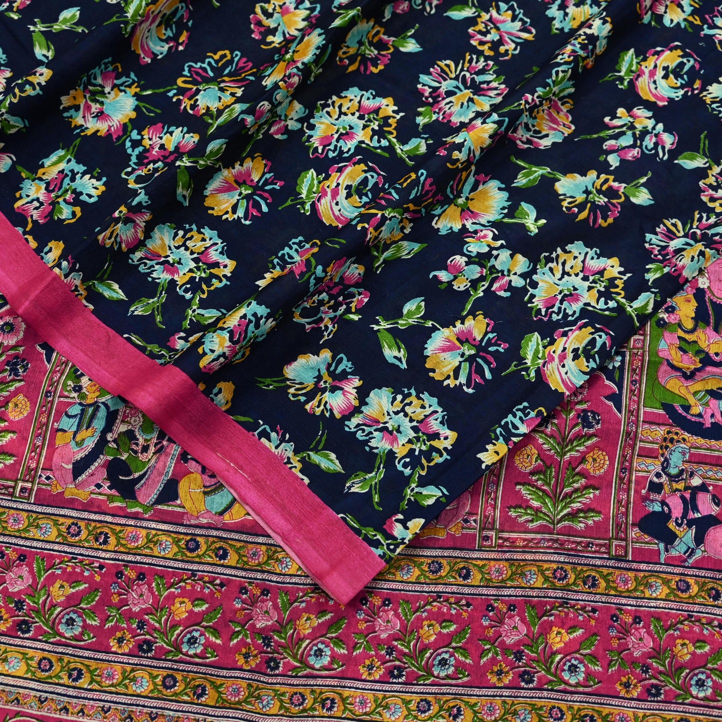 Indian Vintage Pink & Blue Saree 100% Pure Silk Printed Sari Fabric 6yd Sewing Craft DressMaking Soft Floral Quilting Crafting Upcycle
