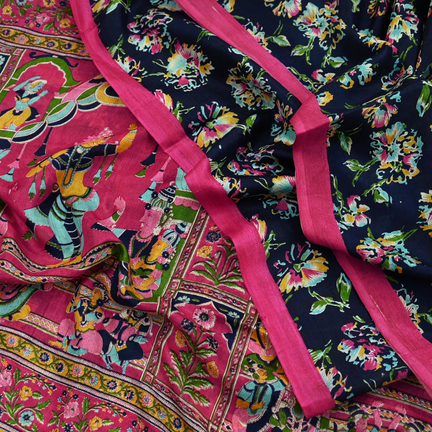 Indian Vintage Pink & Blue Saree 100% Pure Silk Printed Sari Fabric 6yd Sewing Craft DressMaking Soft Floral Quilting Crafting Upcycle