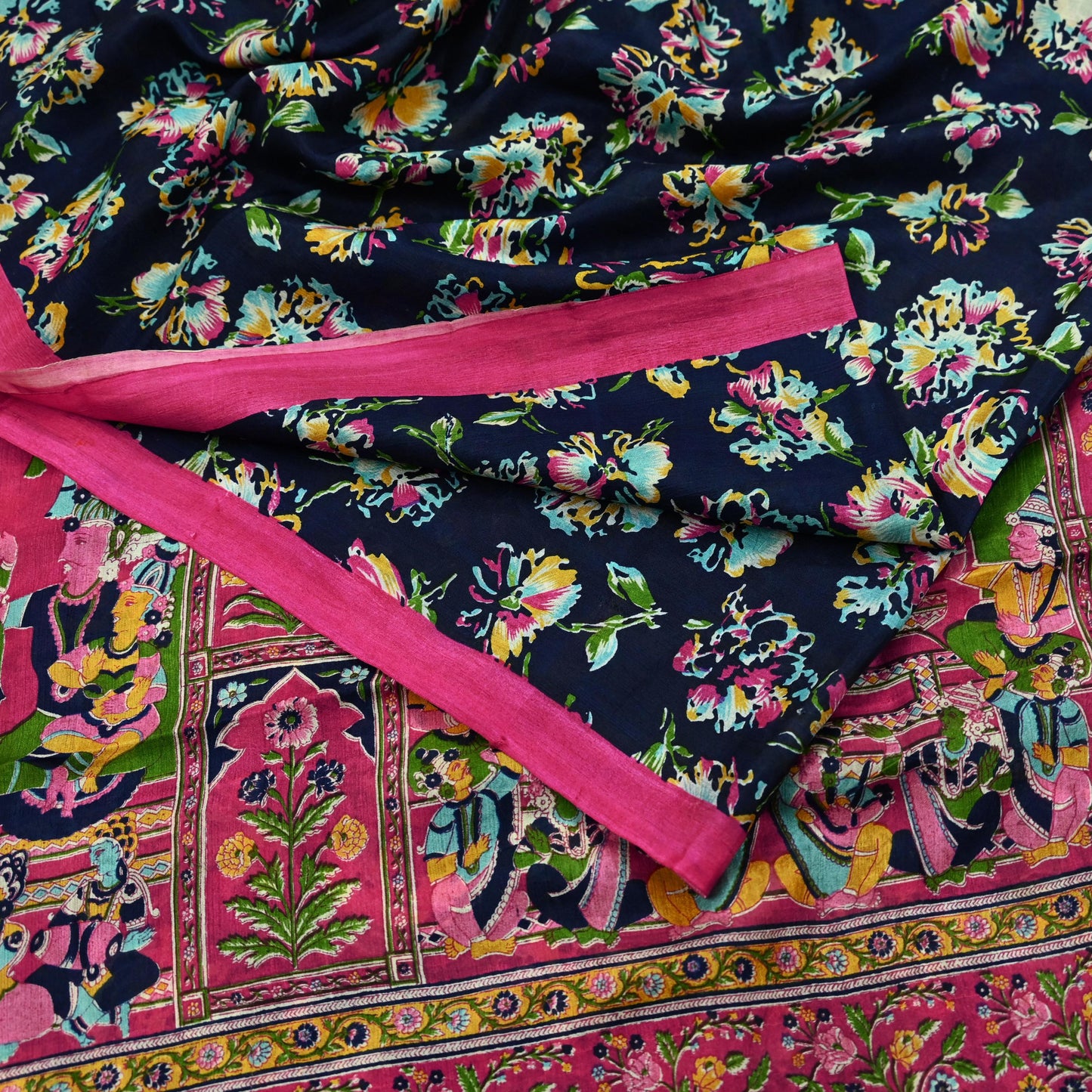 Indian Vintage Pink & Blue Saree 100% Pure Silk Printed Sari Fabric 6yd Sewing Craft DressMaking Soft Floral Quilting Crafting Upcycle