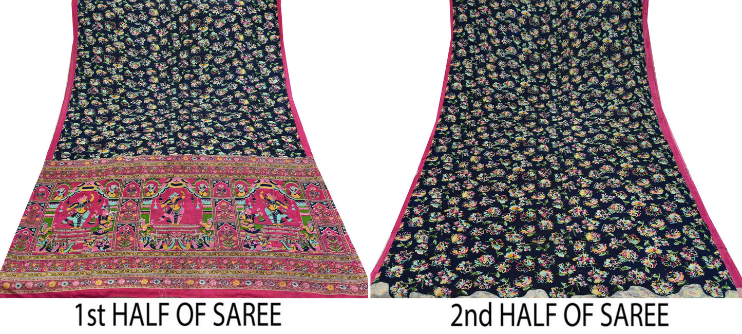 Indian Vintage Pink & Blue Saree 100% Pure Silk Printed Sari Fabric 6yd Sewing Craft DressMaking Soft Floral Quilting Crafting Upcycle
